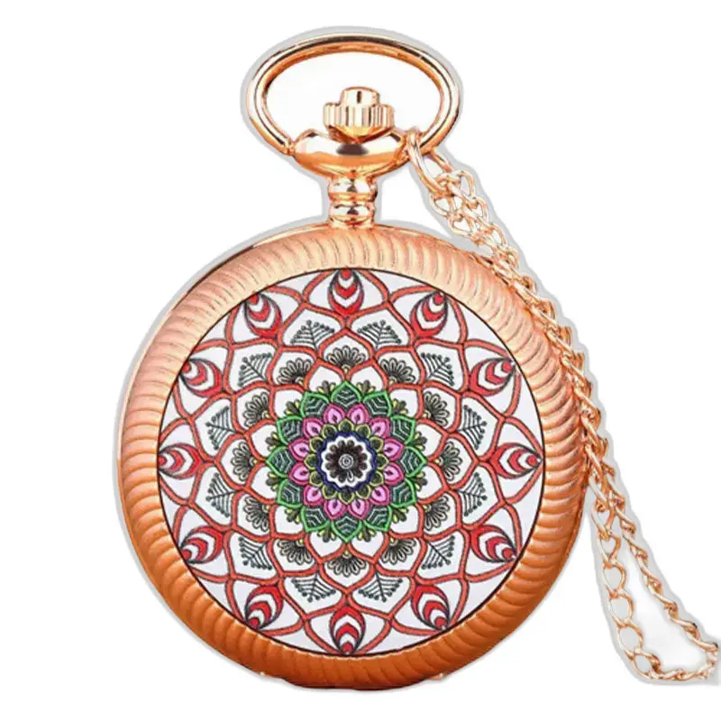 Orologio da tasca vintage a fiori rossi e dorati con catena elegante e design floreale