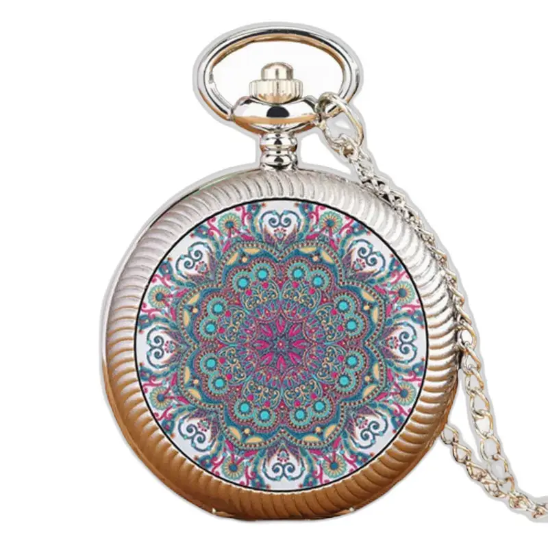 Orologio da tasca in argento con design mandala colorato e motivo floreale rosso