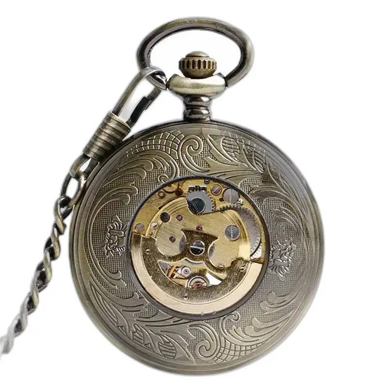 Antico orologio da tasca in bronzo decorato con meccanismo a vista