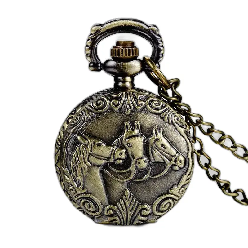 Orologio da tasca con collana da tasca in bronzo vintage con motivo cavallo
