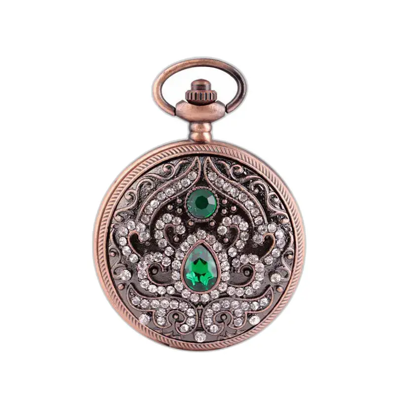 Orologio con collana al quarzo ornato con pietre verdi e trasparenti in bronzo