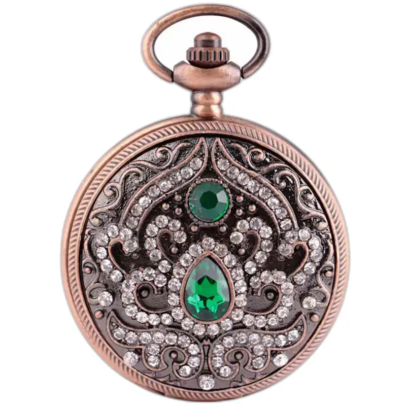 Orologio con collana al quarzo ornato da eleganti pietre preziose verdi e bronzo