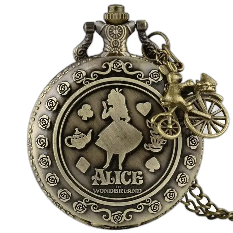 Orologio vintage con collana Alice con orologio da tasca e ciondolo con coniglio su bicicletta