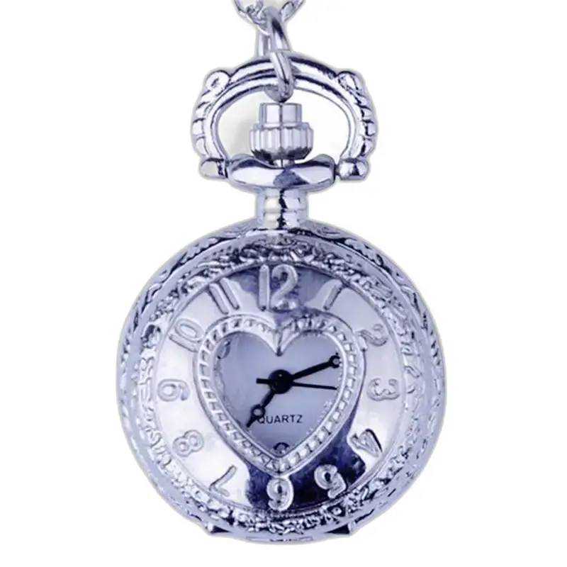 Orologio antico vintage con collana a cuore in bronzo argentato con cassa in argento a forma di cuore