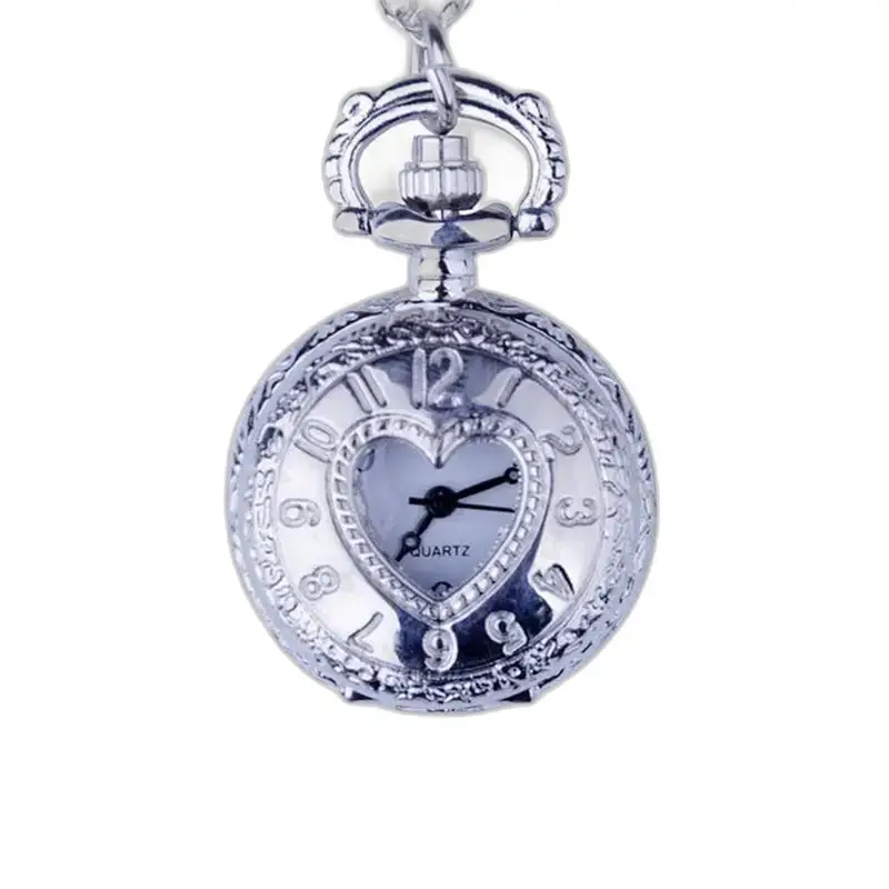 Orologio antico con collana a cuore. Bronzo argentato vintage con orologio con collana a forma di cuore