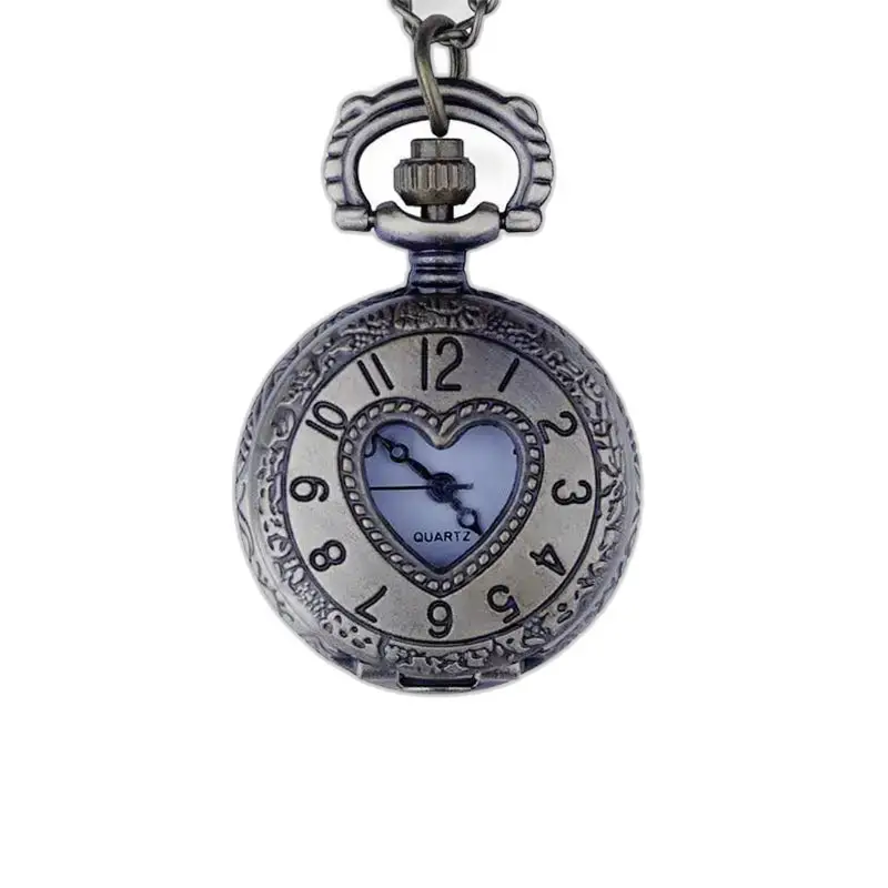 Orologio antico con collana a cuore, vintage in bronzo argentato con catena a forma di cuore