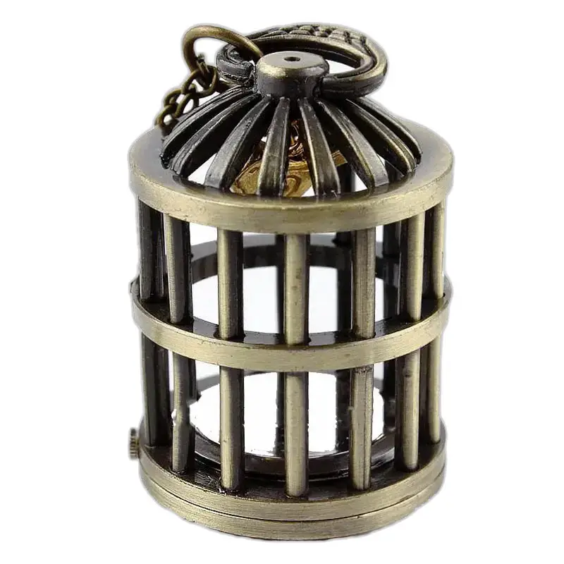 Orologio collana Spider in bronzo con bracciale in acciaio e pendente a forma di gabbia per uccelli in bronzo