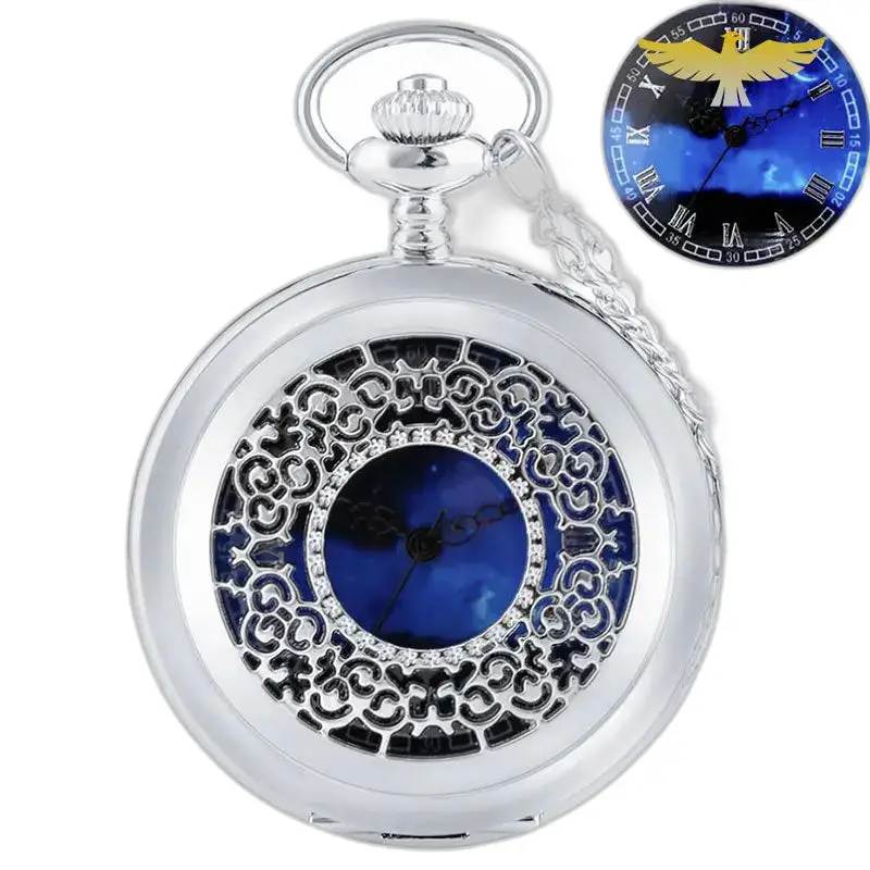 Orologio Demi Chasseur con collana in argento con quadrante blu ed elegante design a cuore blu