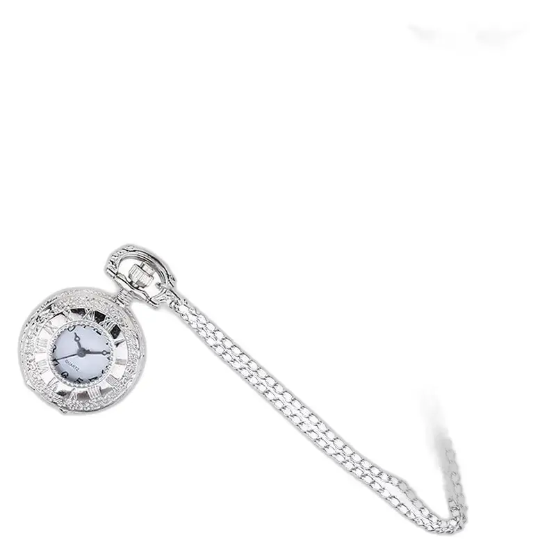 Orologio vintage con collana aperta e batacchio in argento con catena in filigrana d'argento