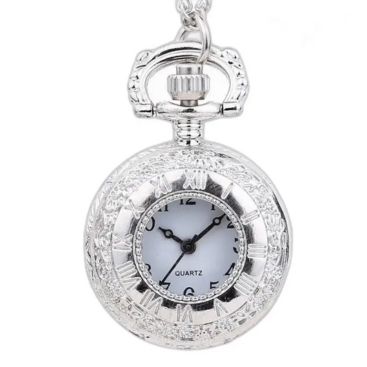 Orologio vintage con collana in argento con pendente a forma di orologio da tasca in argento