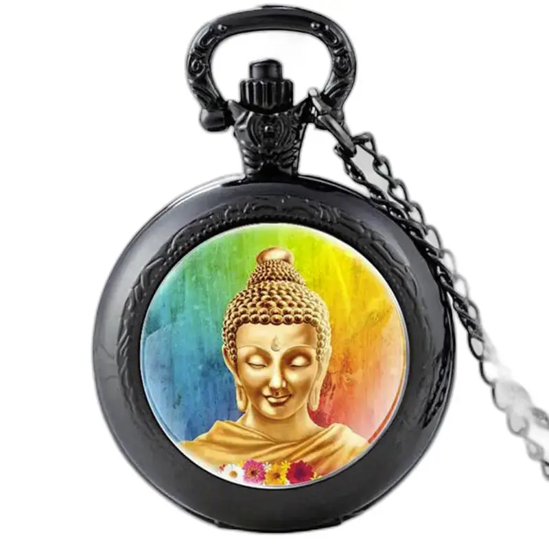 Orologio vintage con collana di Buddha Zen acquerello con immagine di Buddha su sfondo nero