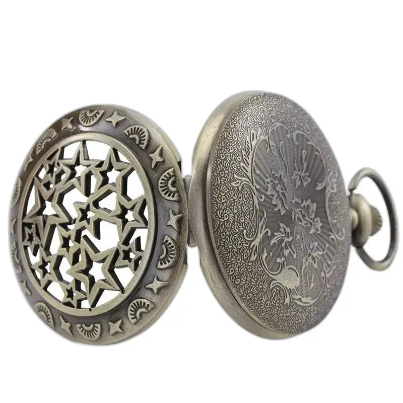 Orologio da collana da donna retrò a cinque stelle in bronzo con elegante orologio da collana in stile antico
