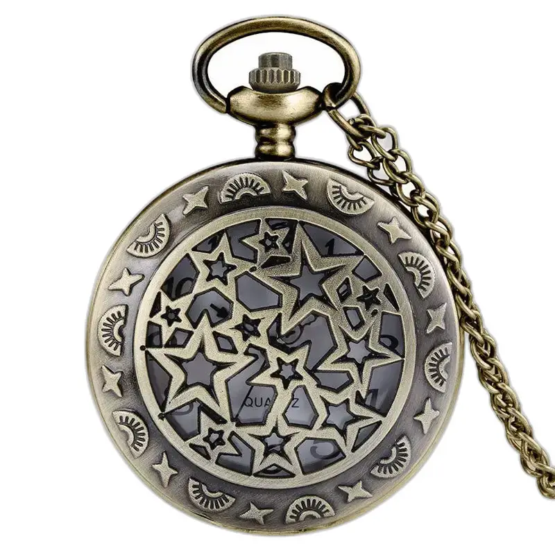 Orologio con collana in bronzo con motivo a stella e catena, stile retrò femminile