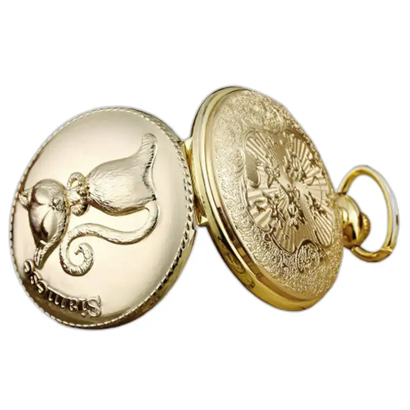 Orologio con collana di gatti cinesi in oro fantasia con orologio da tasca in oro e segno zodiacale