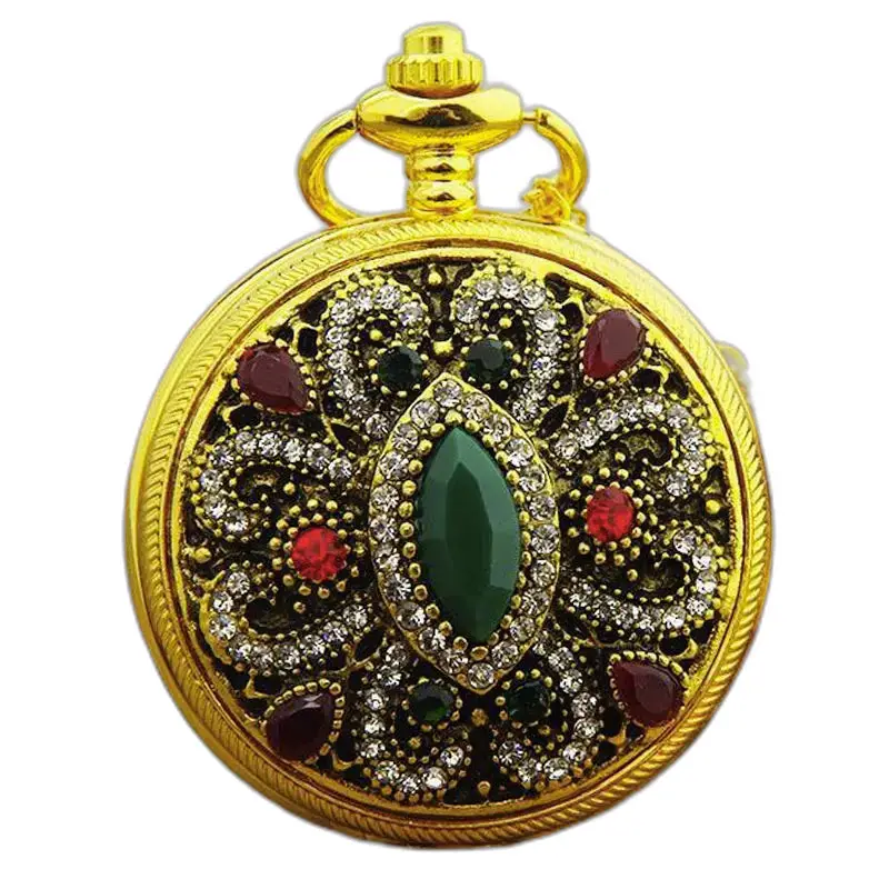 Elegante orologio con collana in oro con un elegante taschino ornato di pietre preziose