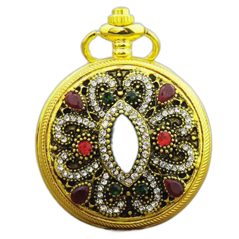 Elegante orologio da collana con bastone ornato con pietre preziose d'oro