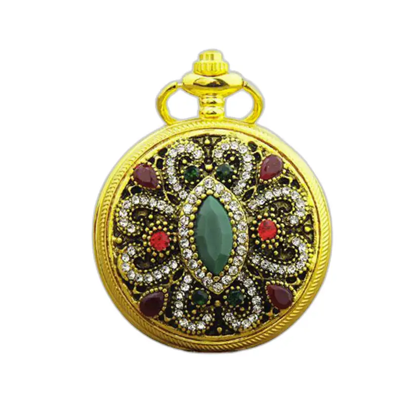 Elegante orologio con collana in oro ornato con eleganti pietre preziose e gemme