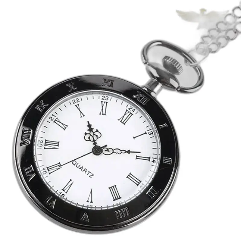 Orologio da collana da uomo classico vintage nero da donna con catena e quadrante argentati