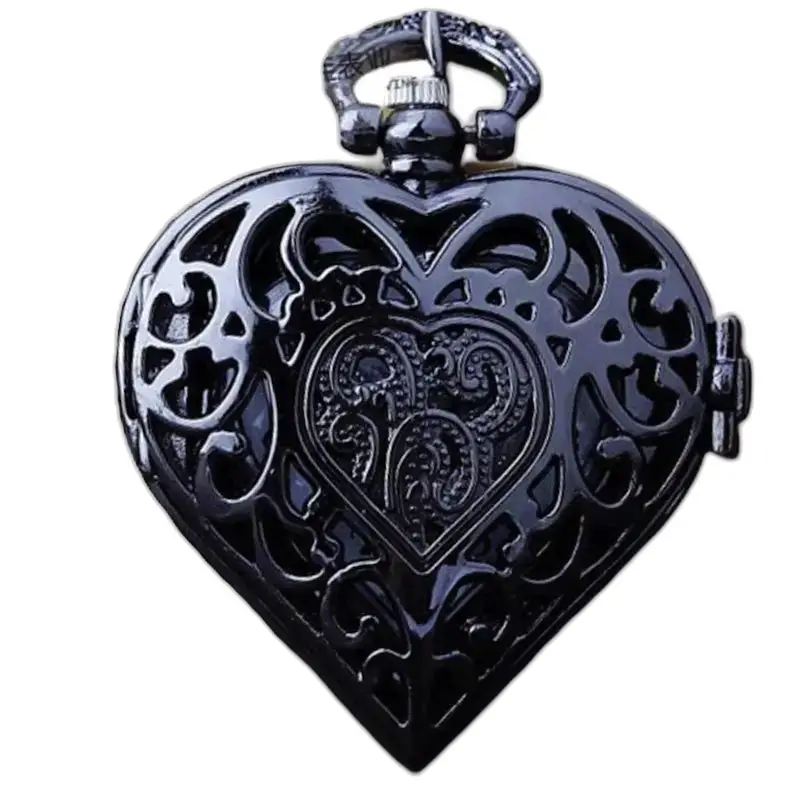 Orologio vintage con collana a cuore in bronzo argentato con elegante design in filigrana nera