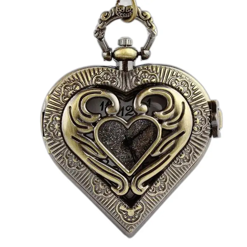 Orologio vintage con collana a cuore a forma di cuore in bronzo argentato con orologio antico
