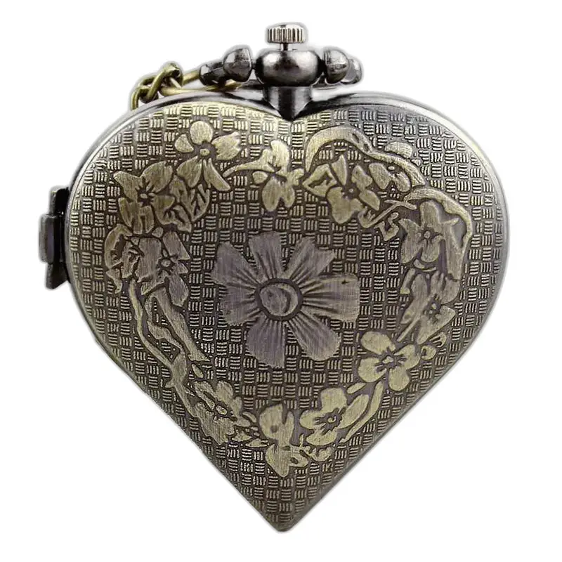 Orologio vintage con collana a cuore in bronzo argentato con design floreale a cuore