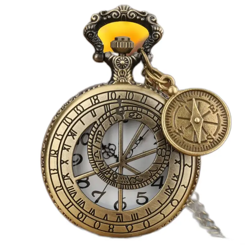 Orologio con collana e bussola in bronzo decorato con ciondolo a forma di bussola e orologio al quarzo