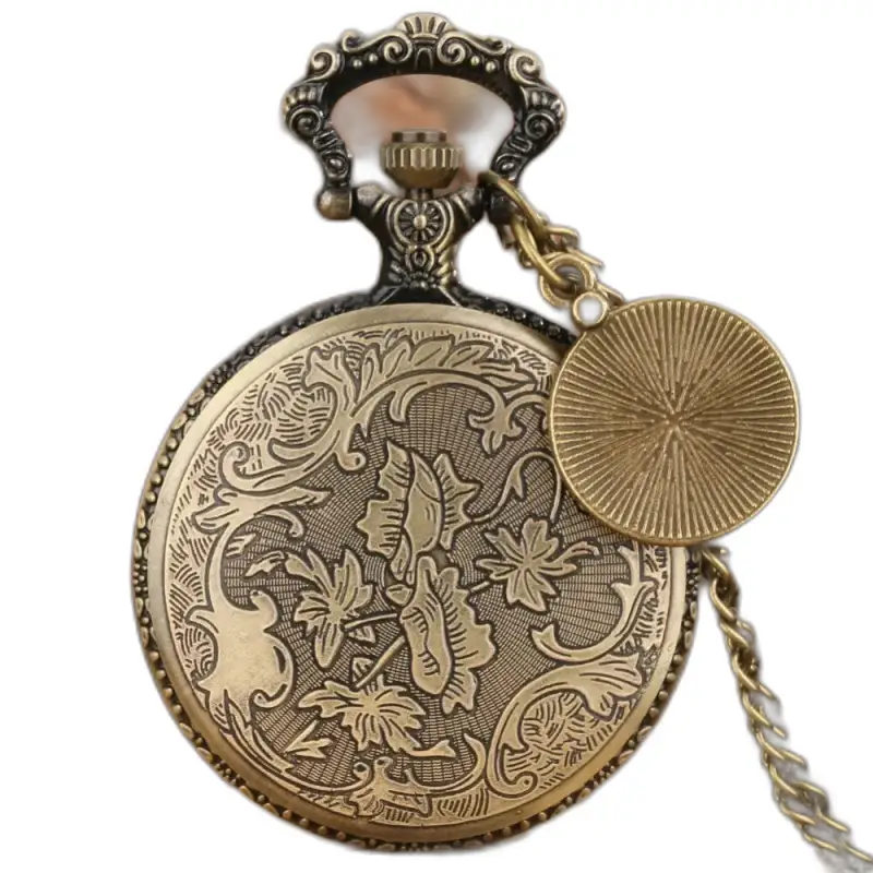 Orologio con collana e bussola al quarzo Half Hunter in bronzo con elegante design ornato