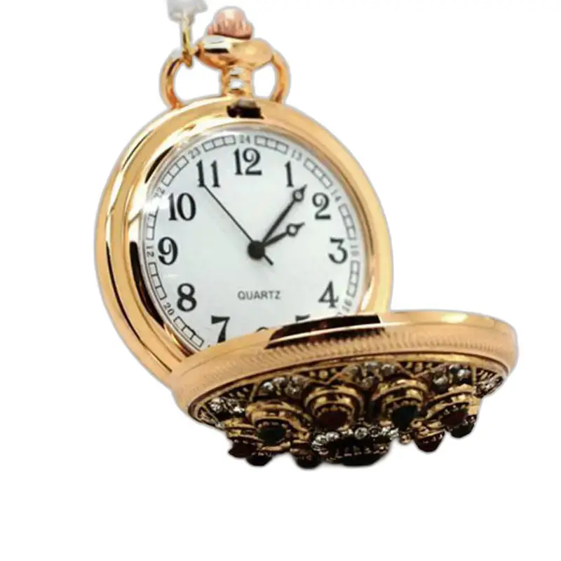 Orologio collana in oro con copertura gioiello e pietre preziose, meccanismo al quarzo