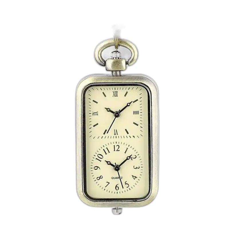 Orologio vintage con doppia collana in bronzo per uomo e donna con quadrante rettangolare
