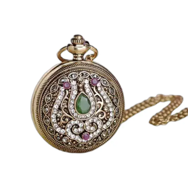 Orologio da donna con collana con pietre preziose e orologio in oro decorato con catena