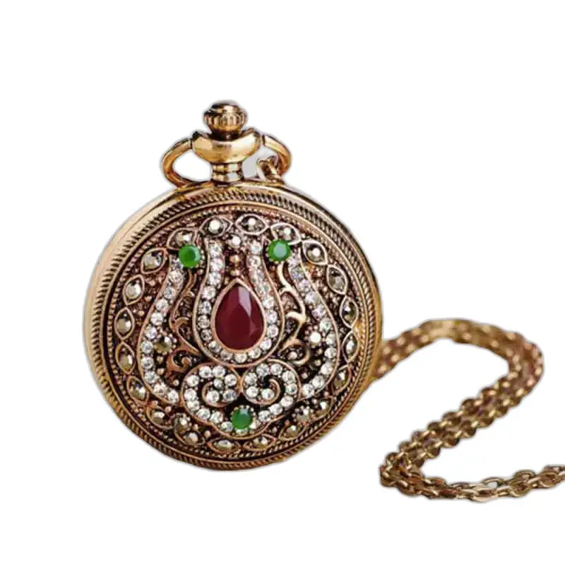 Orologio da donna con collana in oro ornato di pietre preziose con elegante catena
