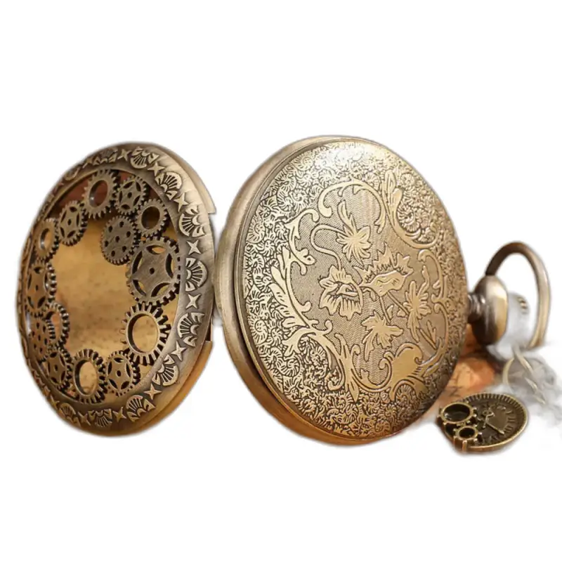 Orologio da collana da donna. Orologio con bastone in bronzo decorato in argento con ruota spogliata al quarzo Steampunk
