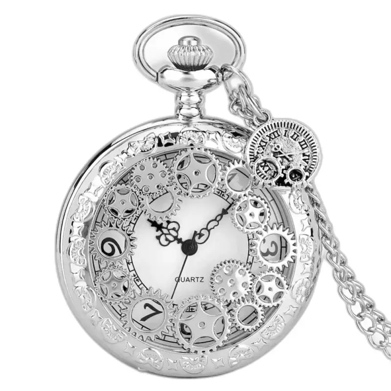 Orologio da donna con collana in argento con ruota spogliata al quarzo Steampunk dal design vintage