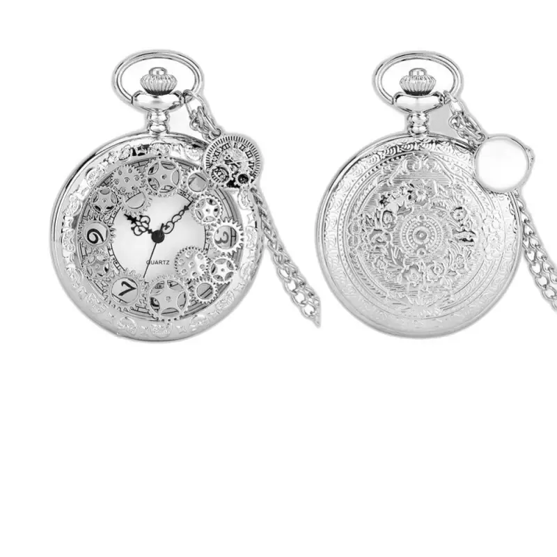 Elegante orologio da donna con collana con ruota spogliata al quarzo Steampunk argento