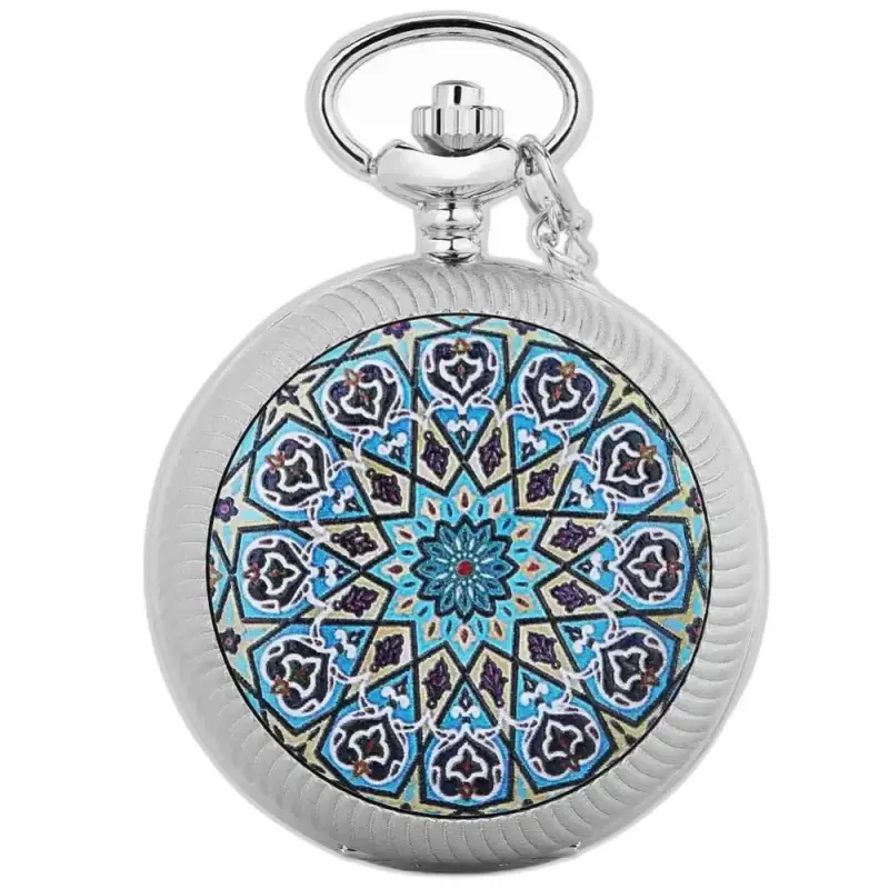 Elegante orologio con collana di fiori mandala blu con motivo geometrico colorato in argento