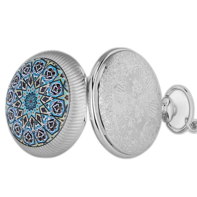 Elegante orologio con collana di fiori blu Mandala con un magnifico orologio da tasca in argento
