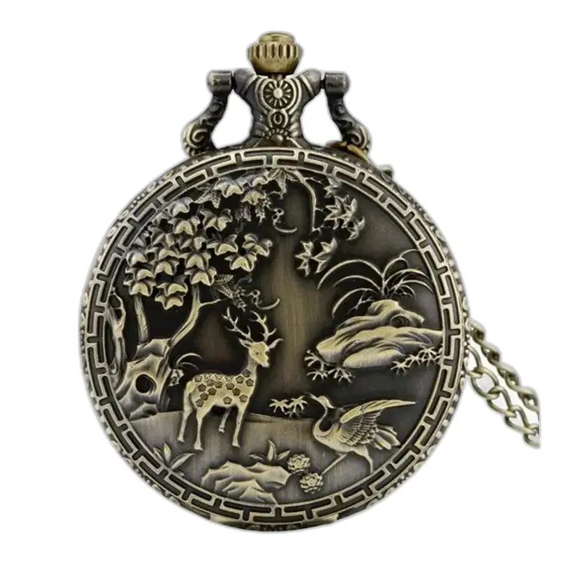 Orologio con collana in bronzo vintage con fascino della foresta ornato da un orologio da tasca in bronzo