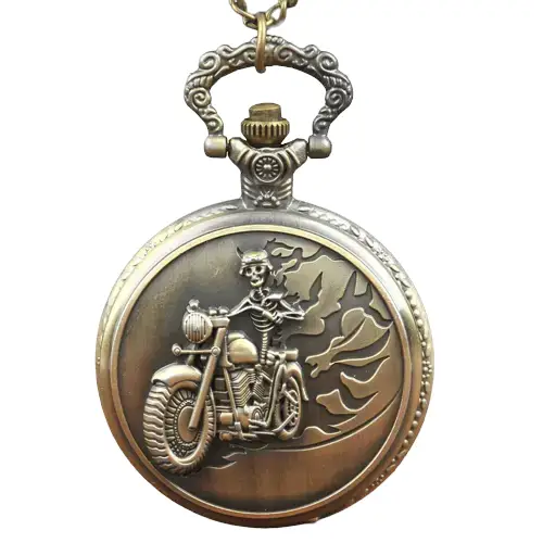 Orologio collana Harley Davidson in bronzo con design scheletrato da motociclista, display analogico