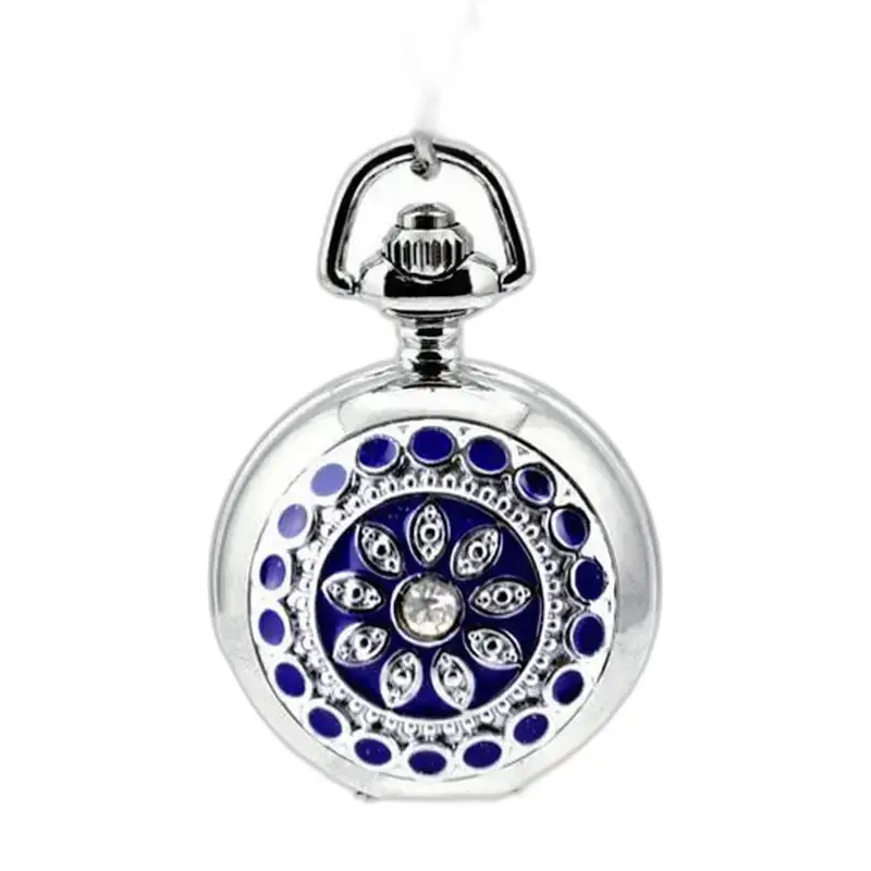 Orologio con collana Harmonie con disegno floreale blu su orologio da tasca in argento