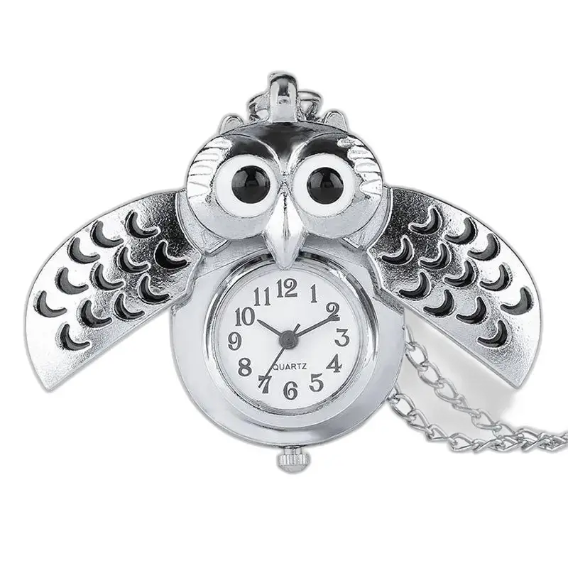 Orologio da donna vintage con collana a forma di gufo bronzato in argento ed elegante orologio da tasca in argento