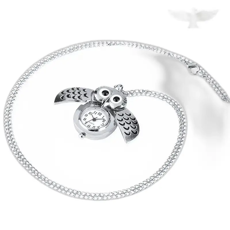 Orologio Vintage da Donna con Collana Gufo in Argento Bronzato con catena e gufo a forma di cuore