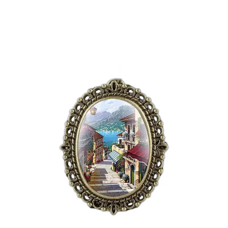 Orologio con collana ovale con scena di strada ovale in bronzo rotondo, collana natalizia