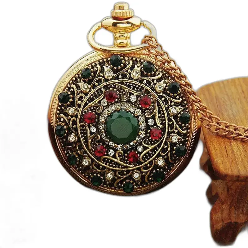 Orologio da donna con collana in oro Jeweled Chic, orologio da collana con orologio in oro ornato con gioielli colorati