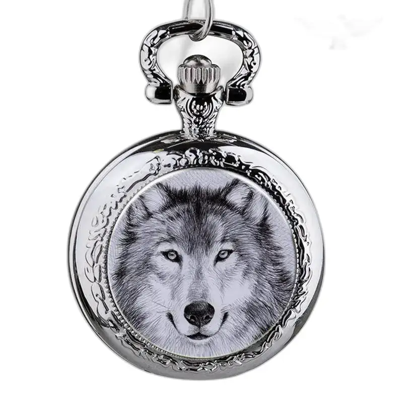 Orologio con collana a forma di lupo in acciaio inossidabile con design a forma di lupo su sfondo argento