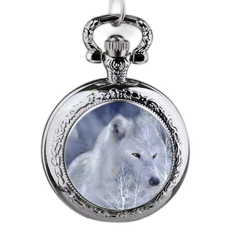 Orologio con collana a forma di lupo in acciaio inossidabile color argento con design a forma di lupo argentato