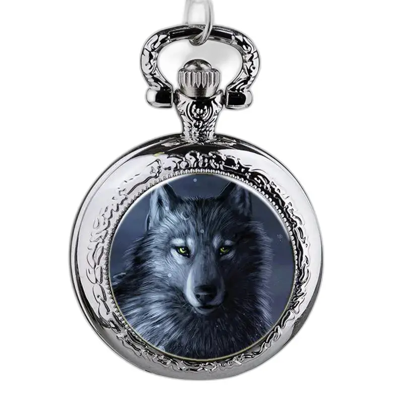 Orologio con collana a forma di lupo in acciaio inossidabile con design a forma di lupo su orologio in argento