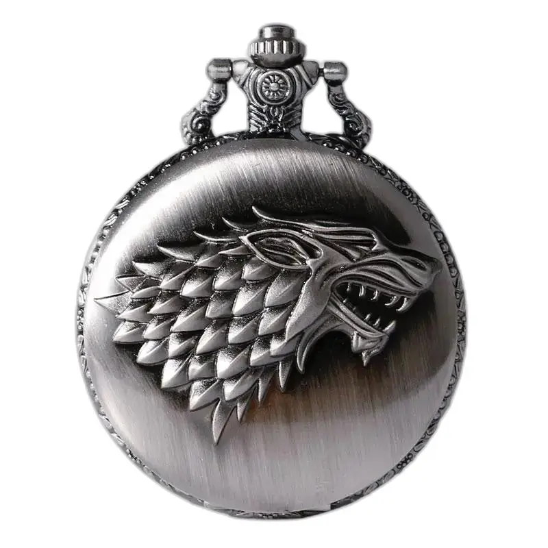 Orologio con collana del lupo di Games of Thrones in oro e argento con l'emblema del lupo in argento