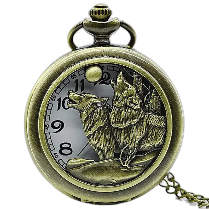 Orologio vintage con collana di lupi a luna piena e orologio con collana di lupi in bronzo