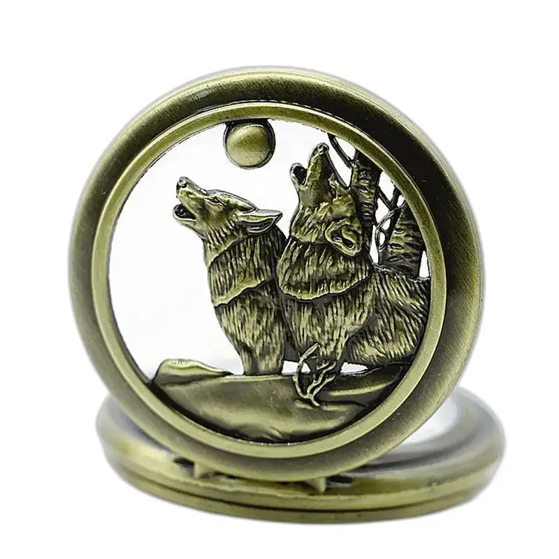 Orologio vintage con collana Loups Pleine Lune con design di lupo in bronzo