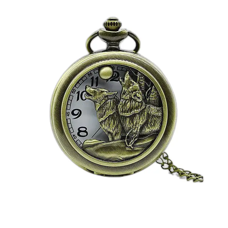 Orologio vintage con collana Loups Pleine Lune con elegante orologio lupo in bronzo